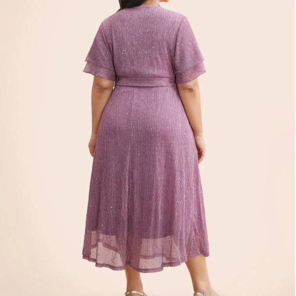 BloomChic Plus Size Plain V Neck Mesh Pocket Ruffle Tiered Belted Midi Dress - Picture 2 of 5